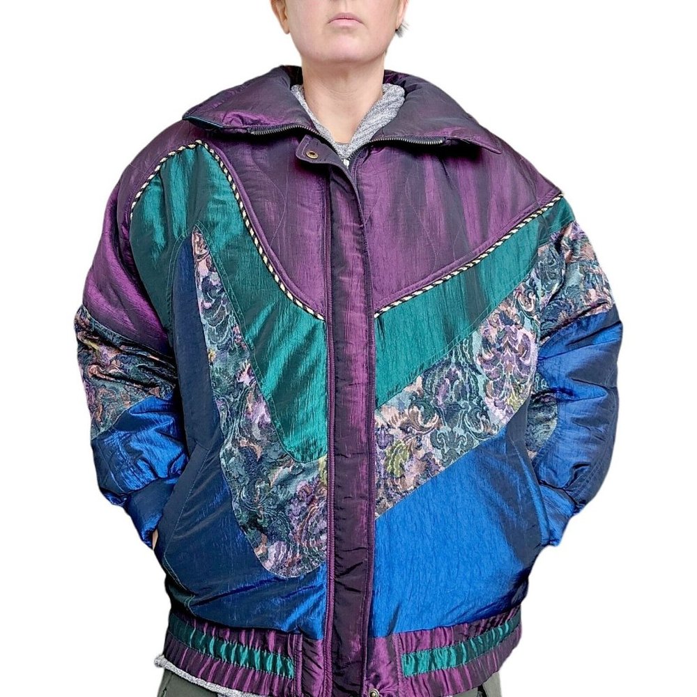 80s M Irridescent Puffer Coat Colorblock Ski Bomber Retro Floral Tapestry Purple